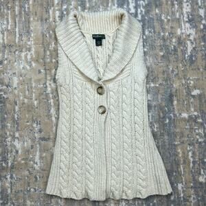 Eddie Bauer Cream Wool Blend Sleeveless Cardigan Cable knit Sweater Small